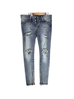 MNML Distressed Skinny Jeans Men's 30x30 Blue Medium Wash Ankle Zip
